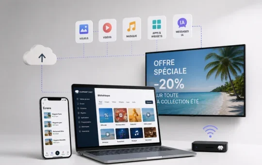 Visuels, vidéos, musique et applications envoyés depuis Elephant Cast vers un écran en magasin