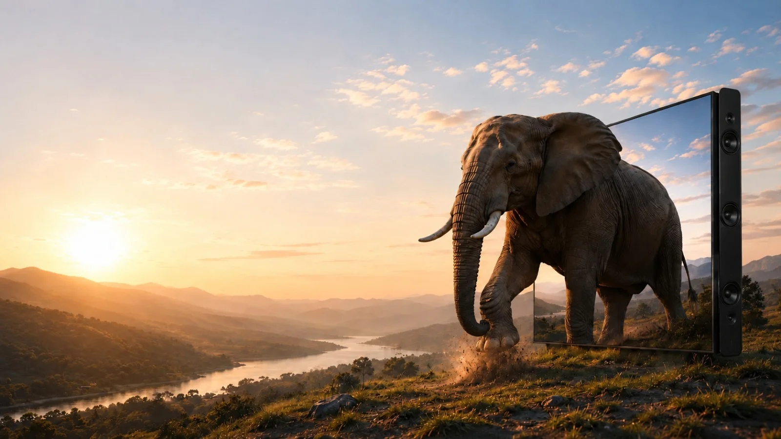 Éléphant sortant d'un écran, vallée au lever du soleil