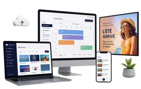 Interface Elephant Cast de programmation des contenus sur ordinateur, smartphone et écran en magasin