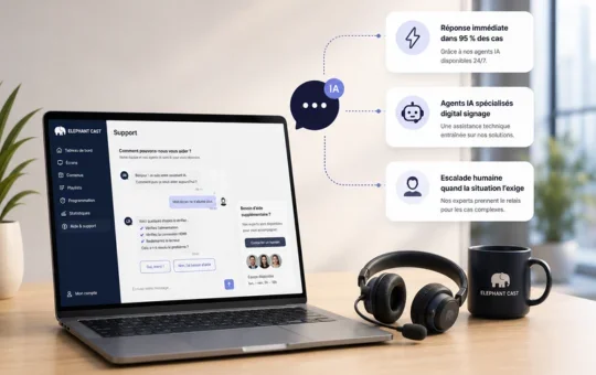 Conversation avec un agent IA du support Elephant Cast sur ordinateur portable