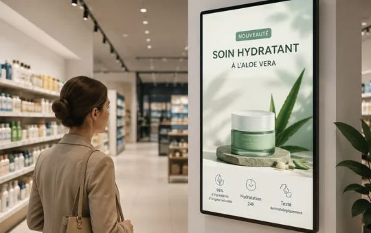 Cliente devant un écran d'affichage dynamique présentant un soin hydratant en boutique